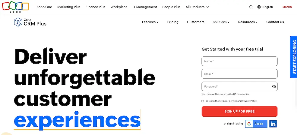 Zoho's page to subscribe to a free trial. It's written "deliver unforgettable customer experiences"/