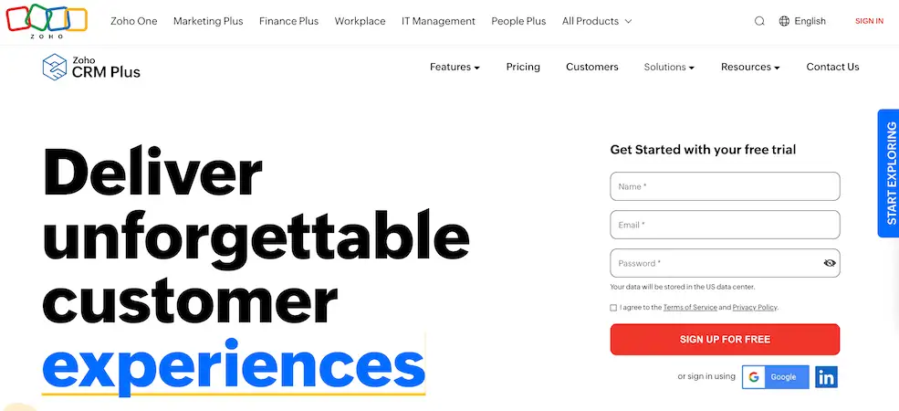 Zoho's page to subscribe to a free trial. It's written "deliver unforgettable customer experiences"/