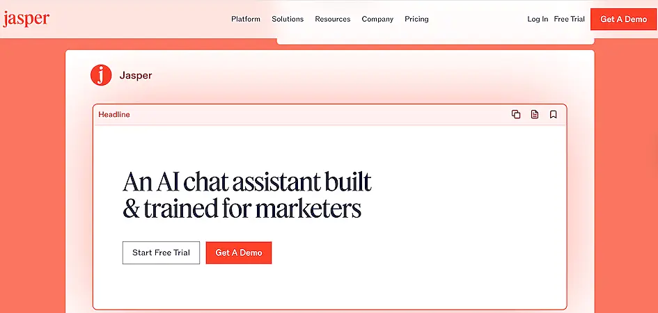 Jasper AI’s homepage promoting its AI assistant for marketers. The screen shows a demo area with options to start a free trial or get a demo.