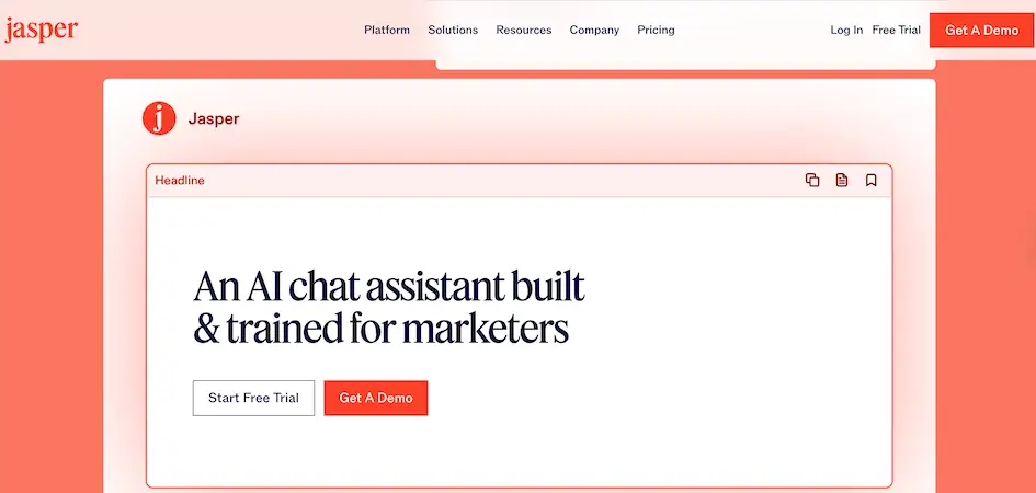 Jasper AI’s homepage promoting its AI assistant for marketers. The screen shows a demo area with options to start a free trial or get a demo.