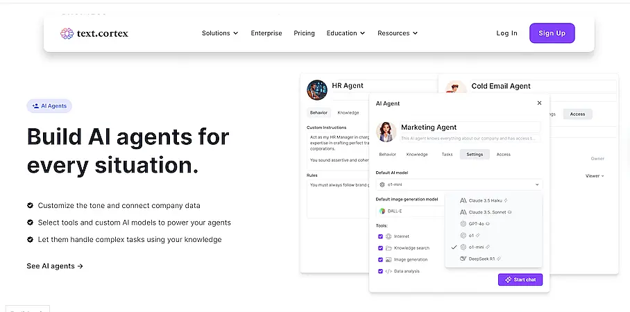 TextCortex platform showing customizable AI agents. Options include building a marketing agent or HR agent with access to custom data and tool integrations.