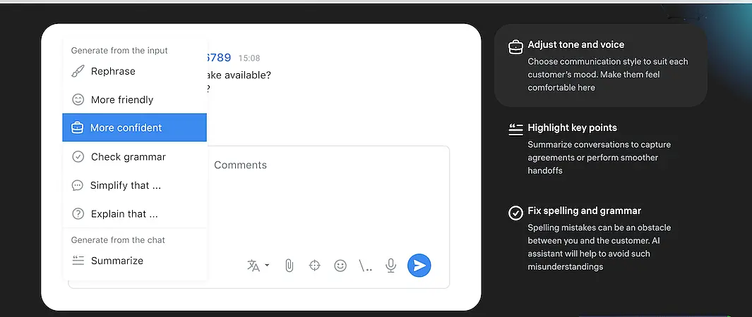 JivoChat AI assistant interface with options to rephrase text, check grammar, and adjust tone. Right panel explains how to adjust voice, highlight key points, and fix spelling.