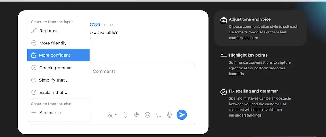 JivoChat AI assistant interface with options to rephrase text, check grammar, and adjust tone. Right panel explains how to adjust voice, highlight key points, and fix spelling.