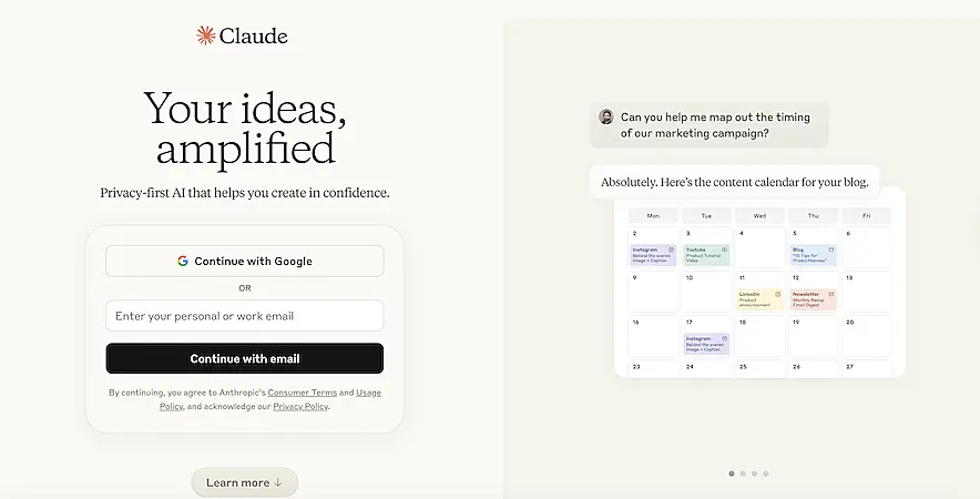 Claude AI’s homepage focused on privacy-first AI assistance. It displays a sample calendar being created based on a marketing request.