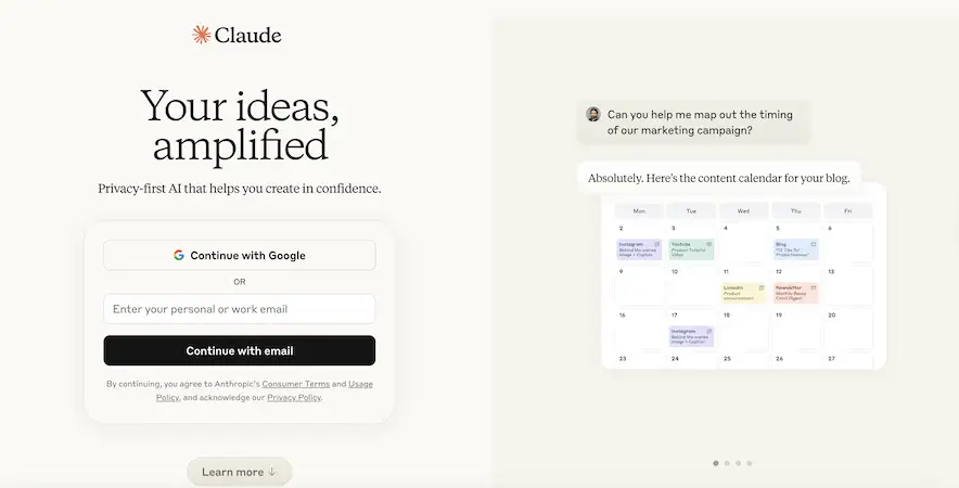 Claude AI’s homepage focused on privacy-first AI assistance. It displays a sample calendar being created based on a marketing request.