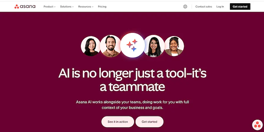 Asana AI homepage presenting its AI as a "teammate" that supports teams with full business context. Features buttons for getting started or seeing a demo.