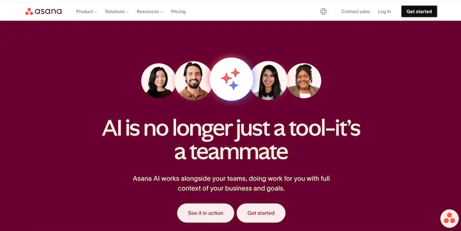 Asana AI homepage presenting its AI as a "teammate" that supports teams with full business context. Features buttons for getting started or seeing a demo.