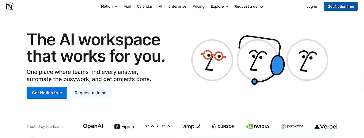 Notion’s homepage promoting its AI workspace that helps teams automate work and find answers. Includes integration with tools like OpenAI, Figma, and Google Calendar.