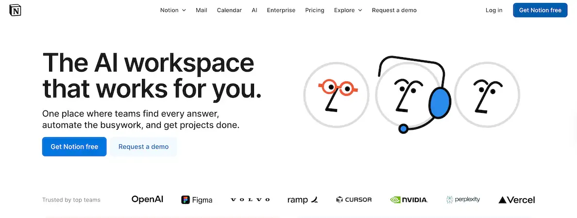 Notion’s homepage promoting its AI workspace that helps teams automate work and find answers. Includes integration with tools like OpenAI, Figma, and Google Calendar.