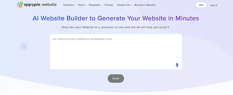 AppyPie AI website builder page