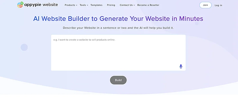 AppyPie AI website builder page