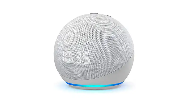 Echo Dot 4ª geração imagem que mostra um Echo Dot 4ª geração com Alexa e relogio digital