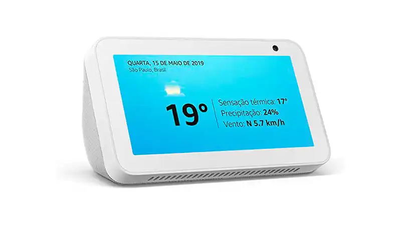 Echo Show 5 imagem que mostra um Echo Show 5 com tela de 5.5 polegadas e Alexa