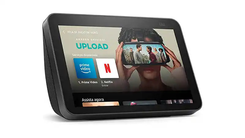 Echo Show 8 imagem que mostra um Echo Show 8 2ª Geração com tela de 8 polegadas e Alexa
