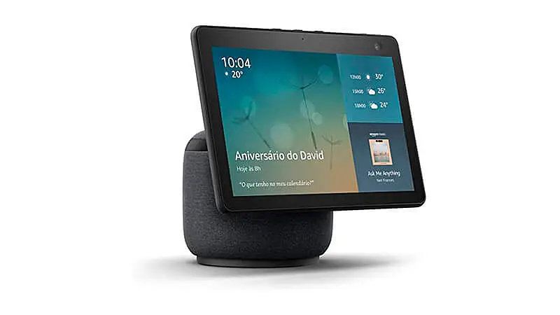 imagem que mostra um Echo Show 10 com tela de 10.1 polegadas e Alexa