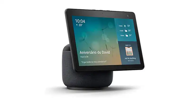 Echo Show 10 imagem que mostra um Echo Show 10 com tela de 10.1 polegadas e Alexa