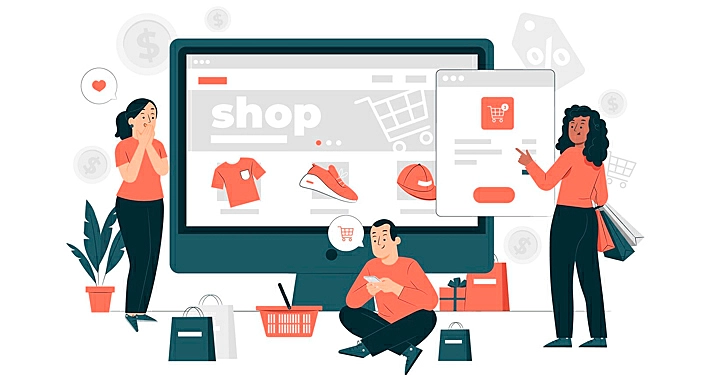 imagem com uma miniatura de um carrinho de compras, um smartphone e um cofre de porquinho