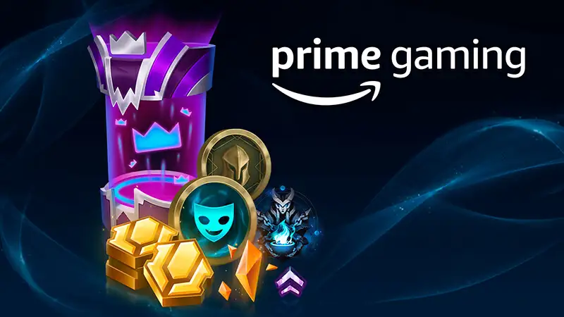 Prime Gaming imagem que mostra diversos itens do jogo League of Legends ao lado da Logo Prime Gaming