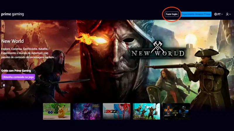 Prime Gaming imagem que mostra a tela inicial da pagina do Prime Gaming com o botão de fazer login circulado em vermelho