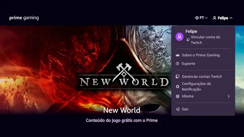 Amazon Prime Gaming imagem que mostra a aba com diversas opções que se abre ao clicar no perfil na pagina do Prime Gaming