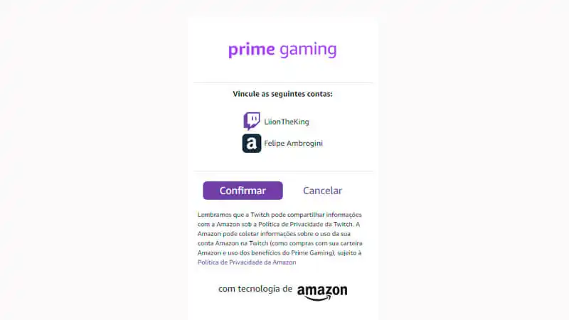 Prime Gaming imagem que mostra as contas que o usuário deseja vincular em uma janela de confirmação