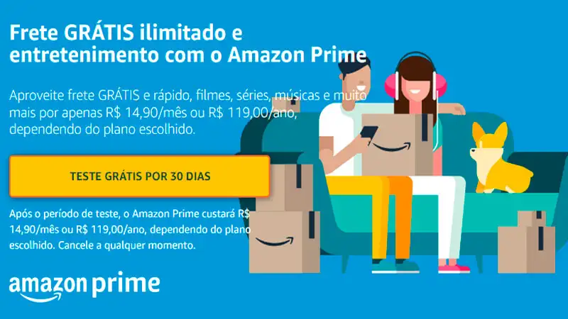 Amazon Prime Video imagem da pagina inicial do Amazon Prime com um desenho de uma familia sentada em um sofá e ao lado um botão escrito "Teste Grátis por 30 Dias"