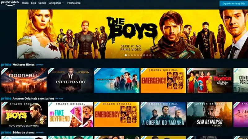 Amazon Prime Video imagem que mostra a pagina inicial do prime vídeo e alguns conteúdos do catalogo de filmes e series