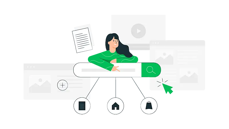 Imagem vetorizada de uma garota realizando pesquisas de análise da concorrência na web