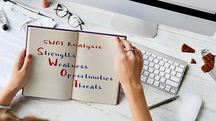 Foto de una mujer con un cuaderno escrito "SWOT análisis". En español, análisis FODA
