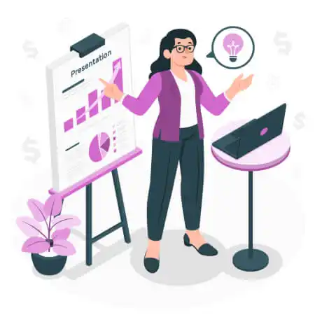 imagem de uma mulher fazendo uma apresentação de gráficos