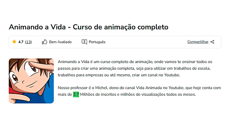 captura de tela que mostra o resumo do curso Animando a Vida