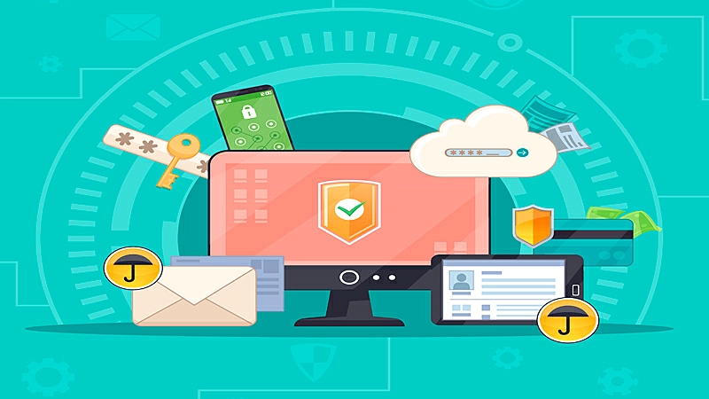 Ilustração de um homem utilizando um notebook enquanto alguém tenta espionar o seu computador