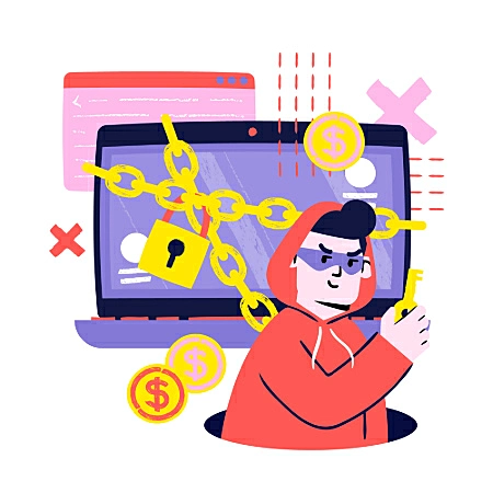 Ilustração de uma pessoa com mascara e uma chave na mão e um notebook com cadeado e correntes