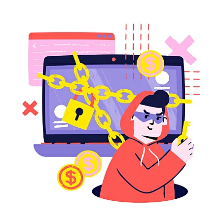 Ilustração de uma pessoa com mascara e uma chave na mão e um notebook com cadeado e correntes