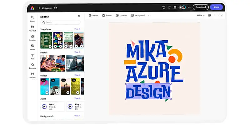 captura de tela do aplicativo para criar logomarca grátis adobe express