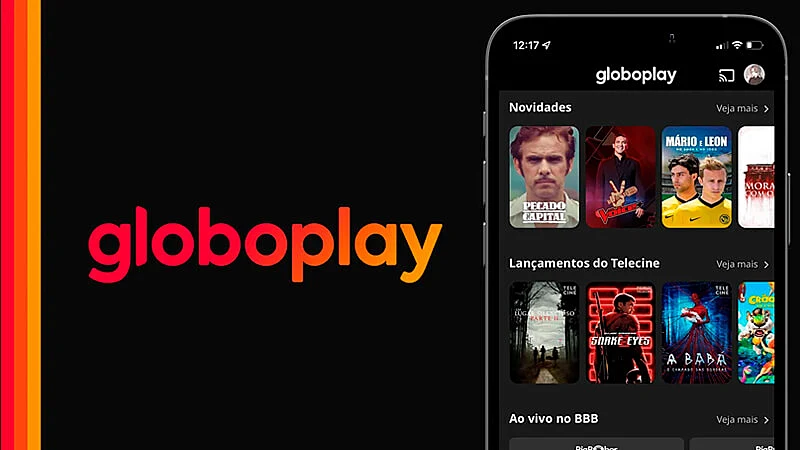 imagem com a logo do Globoplay e um celular com o aplicativo aberto