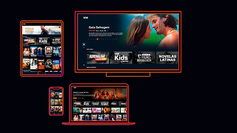 imagem que mostra o aplicativo ViX aberto em varios dispositivo diferentes