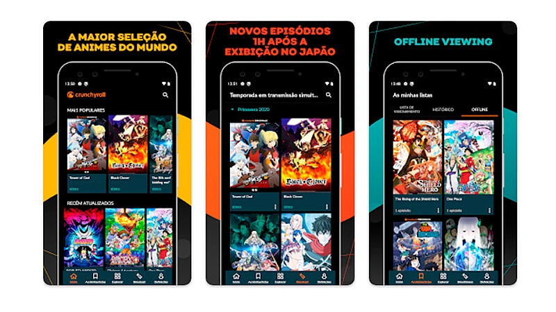 três imagens que detalham as funções, o layout e o catálogo do aplicativo Crunchyroll