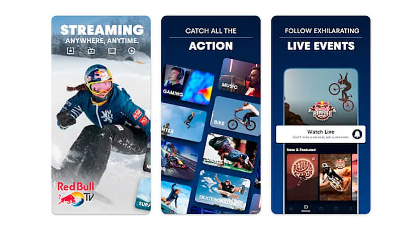 três imagens que mostram em detalhes o aplicativo de filme grátis  da Red Bull TV