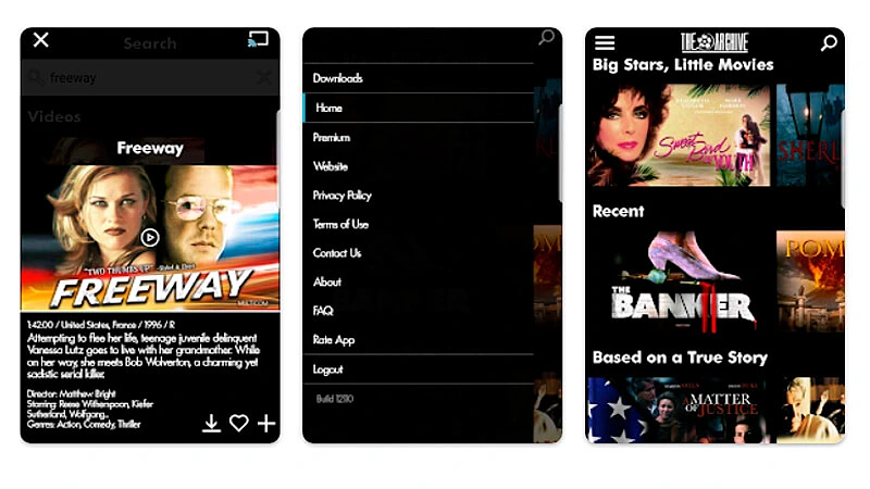 conjunto de três imagens que mostram o catalogo e as funções do aplicativo The Archive
