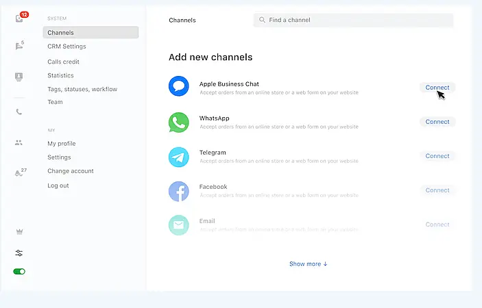 JivoChat interface add new channels