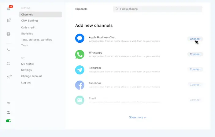 Apple Business Chat - JivoChat integration JivoChat interface add new channels