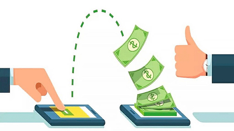 Ilustración de dinero saliendo de un teléfono celular