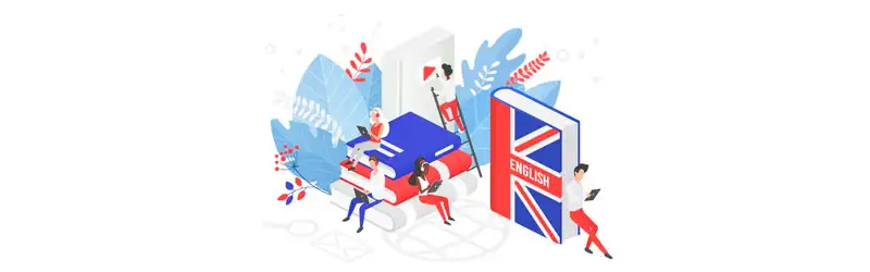 Grupo de pessoas estudando ao lado de livros de inglês grandes