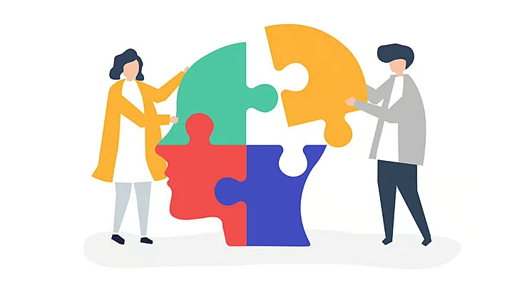 ilustración de una cabeza (mente) como si fuera un rompecabezas