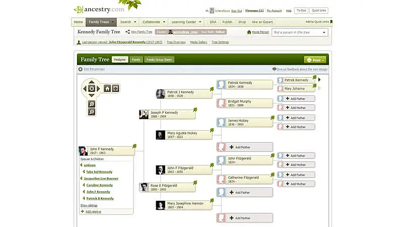 imagem que mostra em detalhes a ferramenta de criação de árvore genealógica da Ancestry