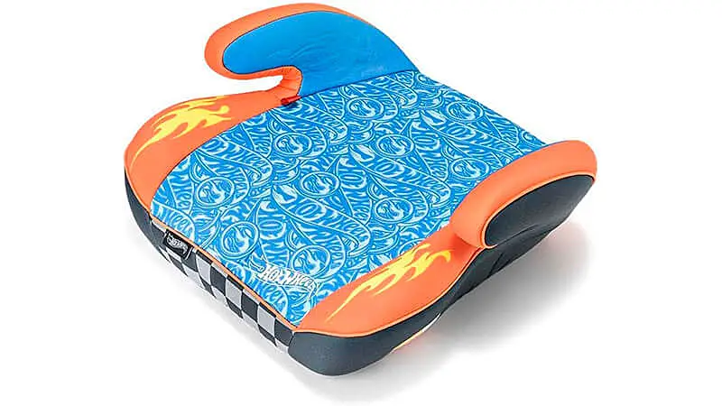 imagem de um assento de elevação da Hot Wheels Fisher Price na cor azul, laranja e preta