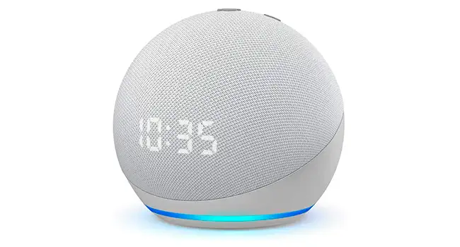 Assisten Virtual Echo Dot 4ª geração  foto de um Echo Dot de 4ª geração na cor cinza com relogio digital