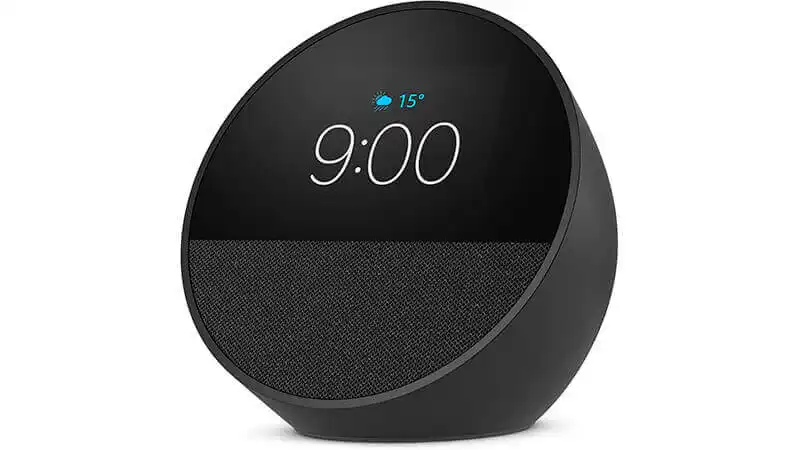 Echo Spot foto de um Echo Spot com display de 1.73 polegadas com relógio marcando 9:00