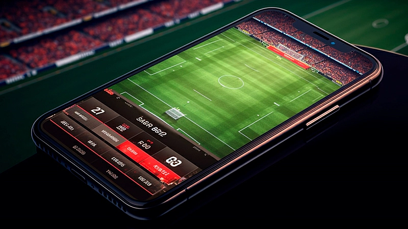 Foto de duas mão segurando um celular na horizontal enquanto passa um jogo de futebol.